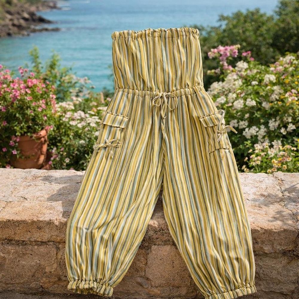 Thread Story Yellow Striped Sleeveless Tube Top One Piece Outfit NWOT Large - Picture 2 of 10